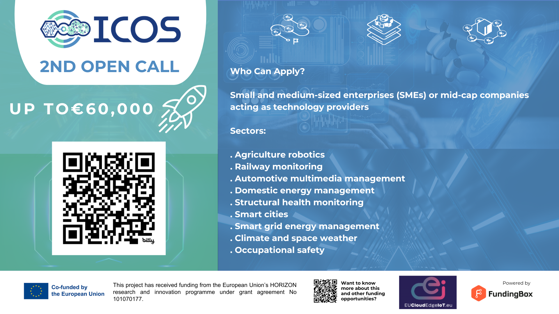 Join the ICOS Project's 2nd Open Call for IoT Solutions and receive up to €60.000 until September 30,
2024, at 17:00 CEST (Brussels time)